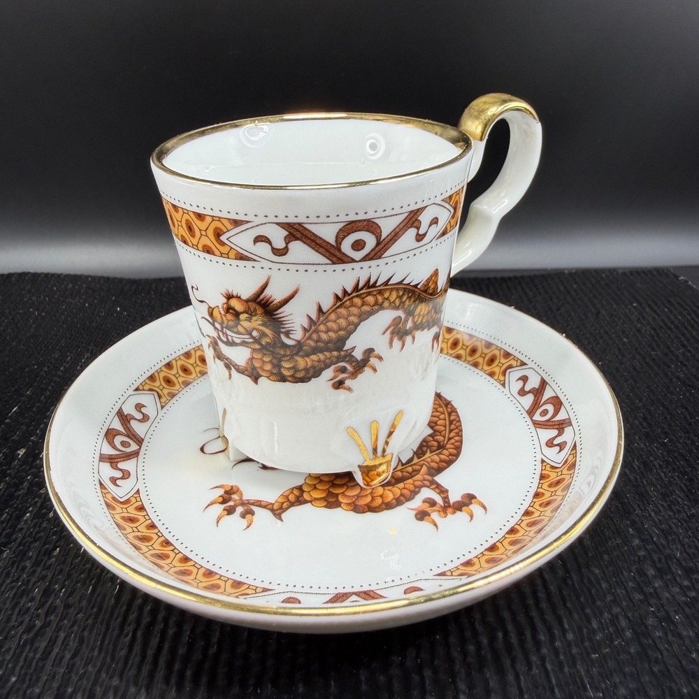 Bareuther Waldsassen Bavaria Germany Dragon Espresso Cup Saucer Set Orange Gold - Picture 16 of 16